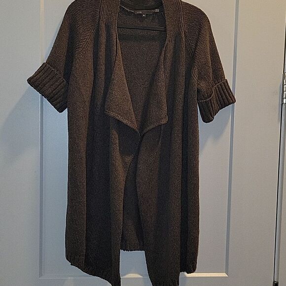 VINCE Short Sleeve Wool Drape Cardigan Sweater M Brown - Picture 2 of 7